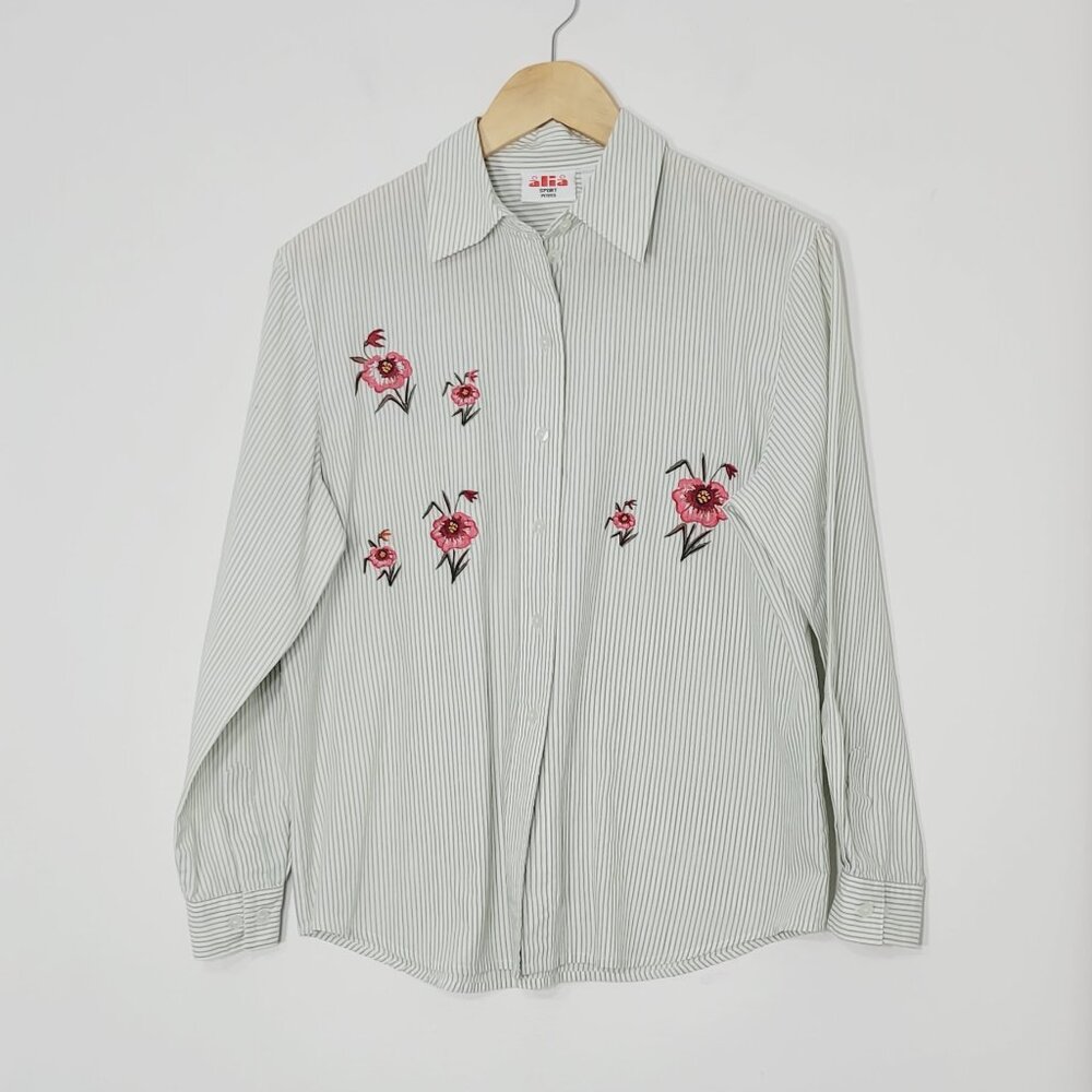 🛍Alia White Green Striped Floral Embroidered Cotton Blend Button Down Shirt 10P